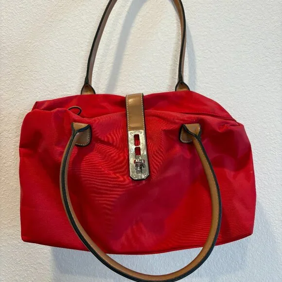 Red Nylon Shoulder Bag Tan Faux Leather Handles Classic Everyday Purse - Picture 1 of 10